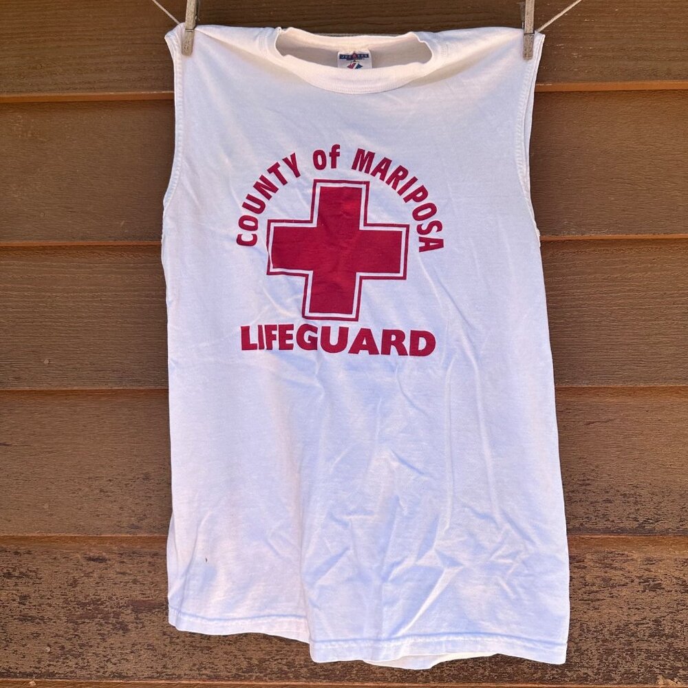 Vintage Jerzees County Of Mariposa Lifeguard Muscle Tank Top White/Red 100% Cott - Picture 1 of 10